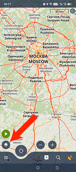 Кнопка контента экрана и выбора слоёв в Locus Map